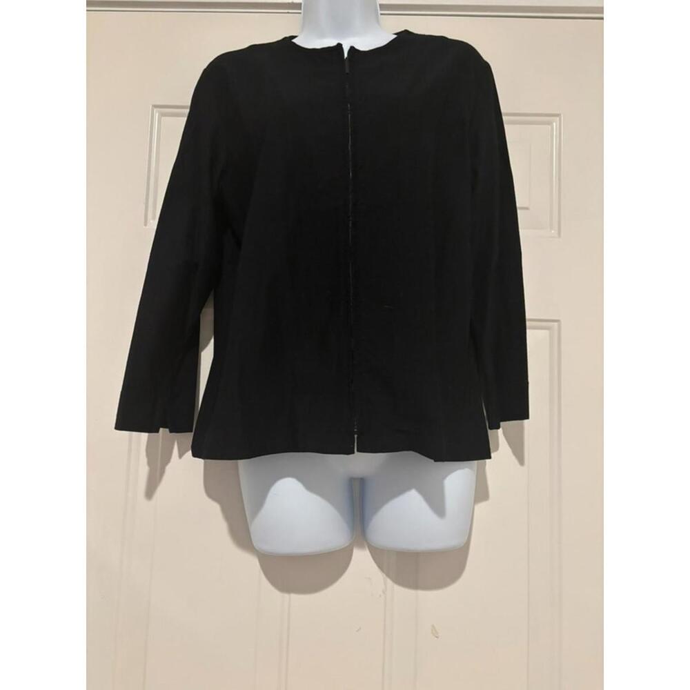 Womens sz M Eileen Fisher black zip up stretchy shirt jacket minimalist J‎